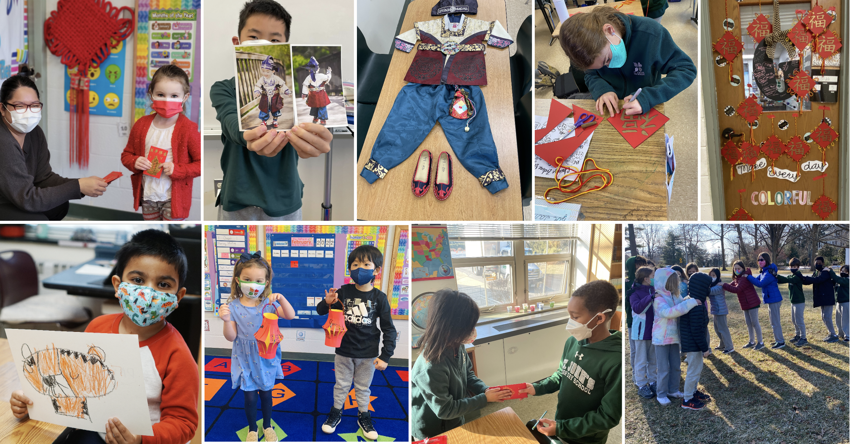 collage of various pictures showing students participating in Lunar New Year activities. 