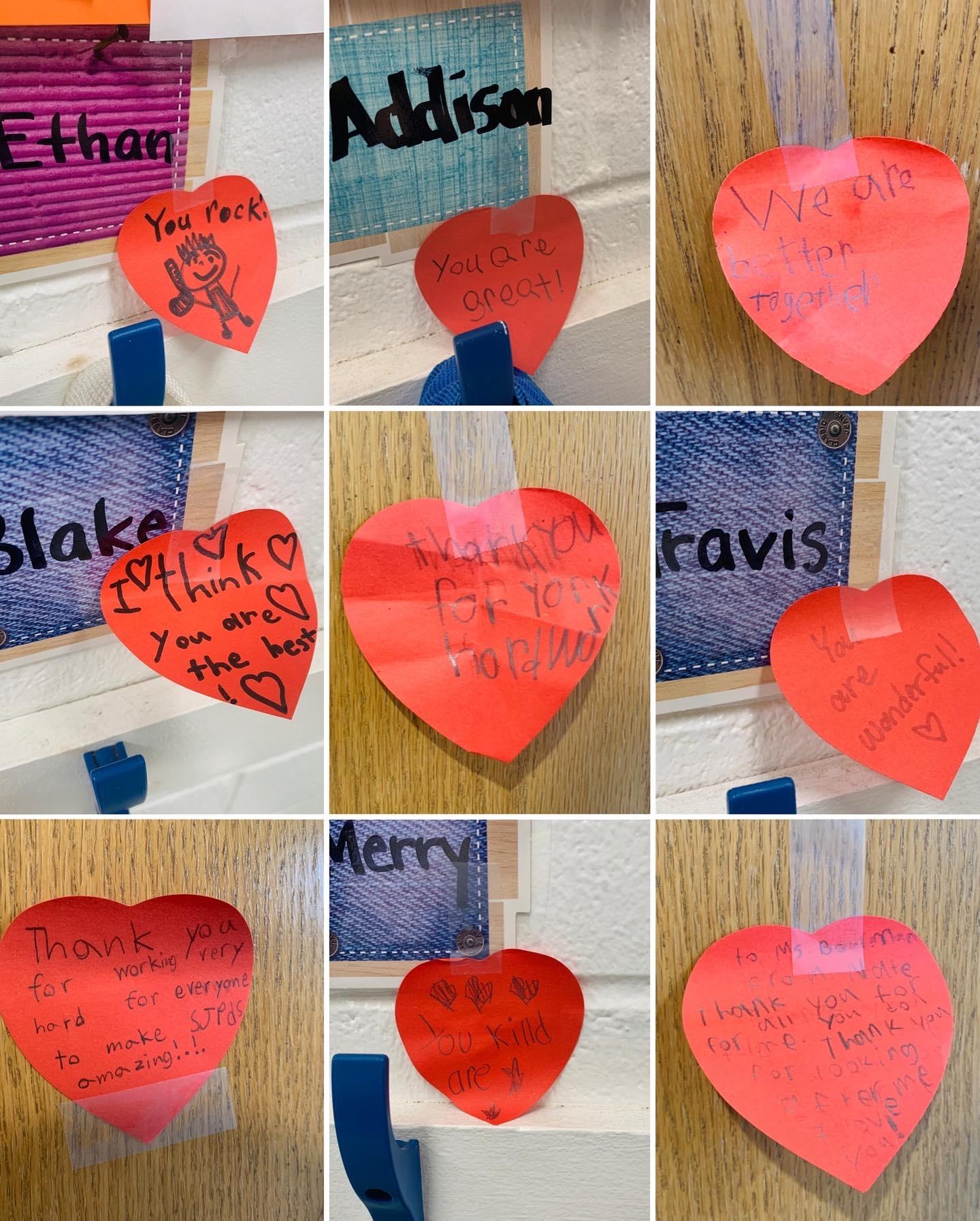 collage of heart post it notes with kind messages written on them by students