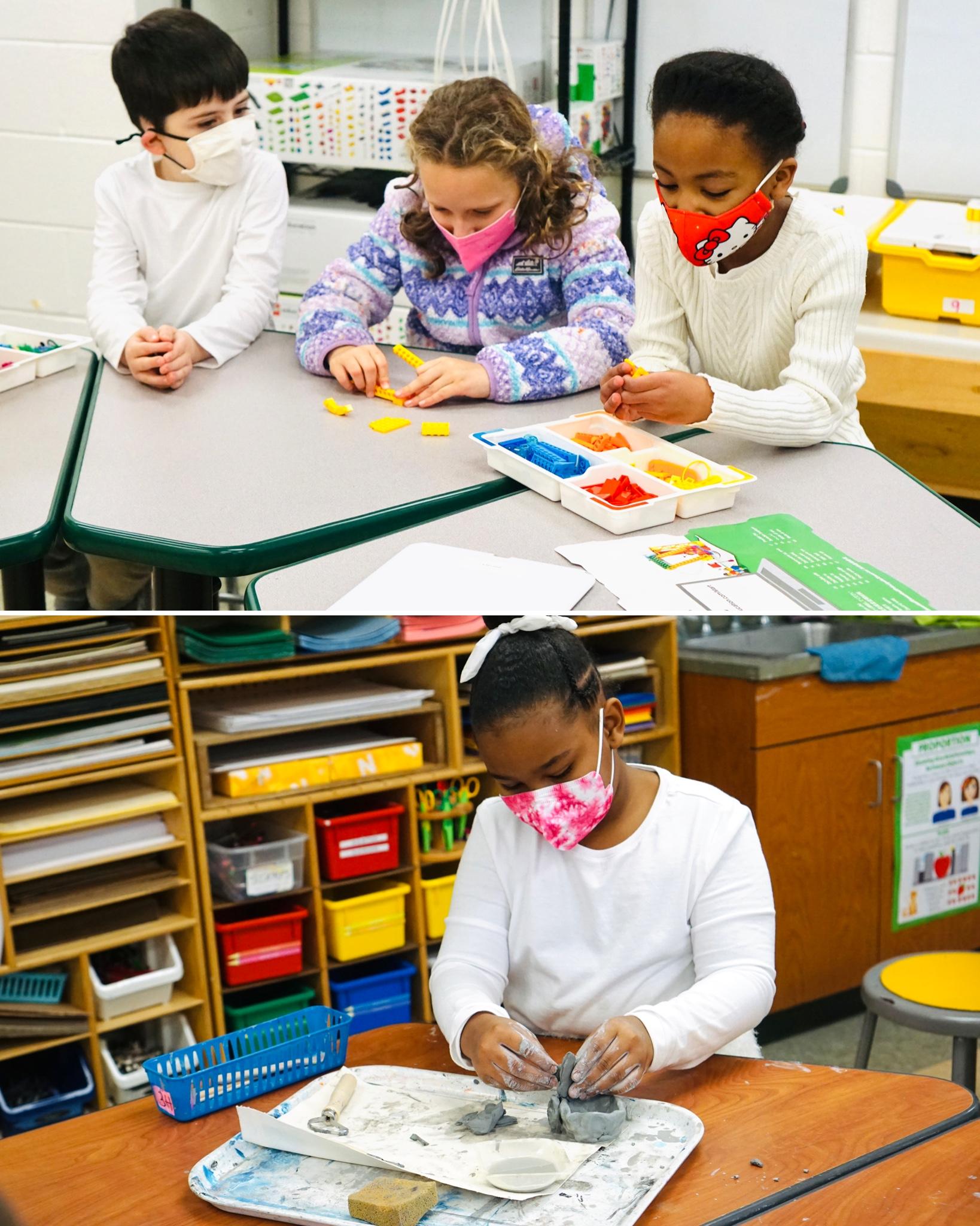 Two pictures on top of each other showing students in art and science class engaged in learning and wearing the color white 
